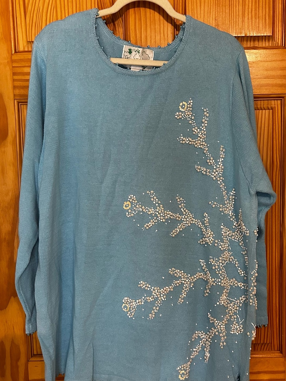 NWT Quacker Factory Sky Blue Sequined and Snowflake Embellished Crewneck Sweater